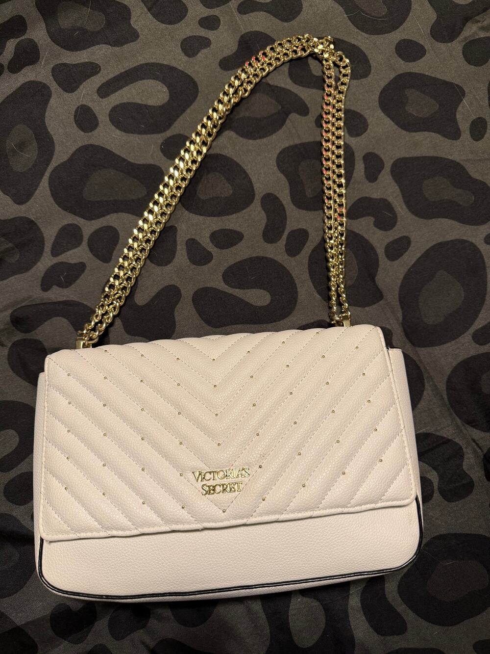 Victoria's Secret White Studded Shoulder Bag with Chain Strap & Wallet